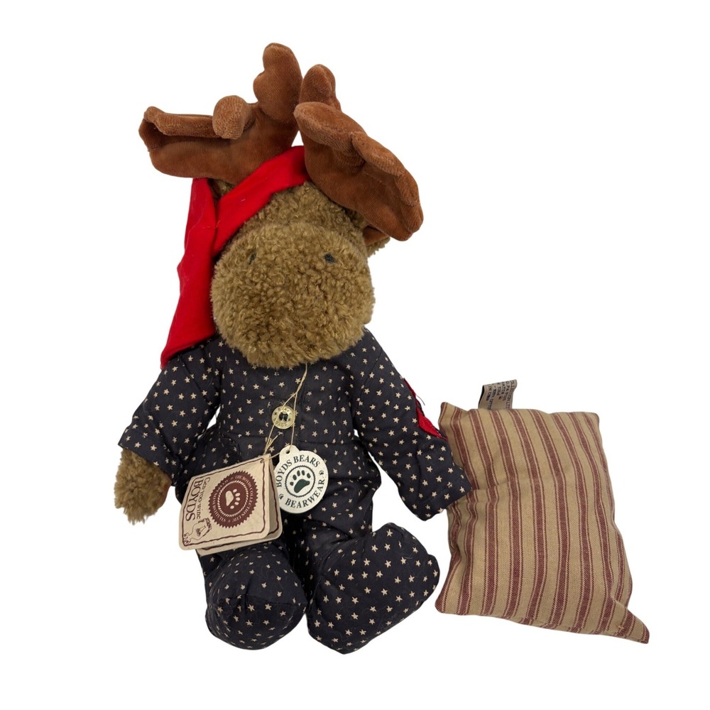 Boyds Bears Moose Plush Gen-yoo-wine Star Pajamas Red Nightcap Pillow Tagged